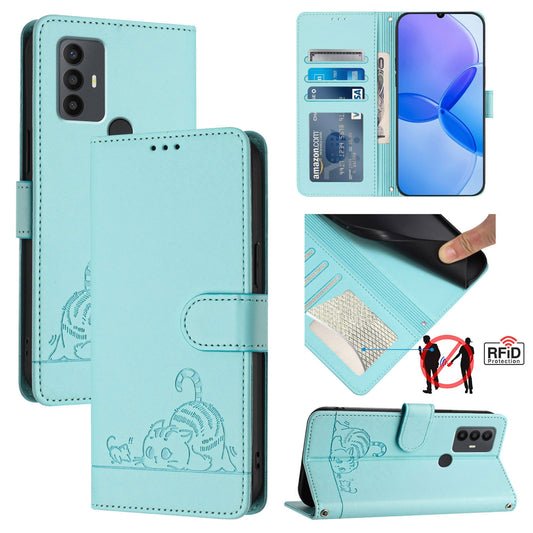 TCL 30 SE Leather Phone Case with Cat and Rat Embossed Pattern, RFID Protection, Card Holder Slots, Anti-fall Feature & Lanyard