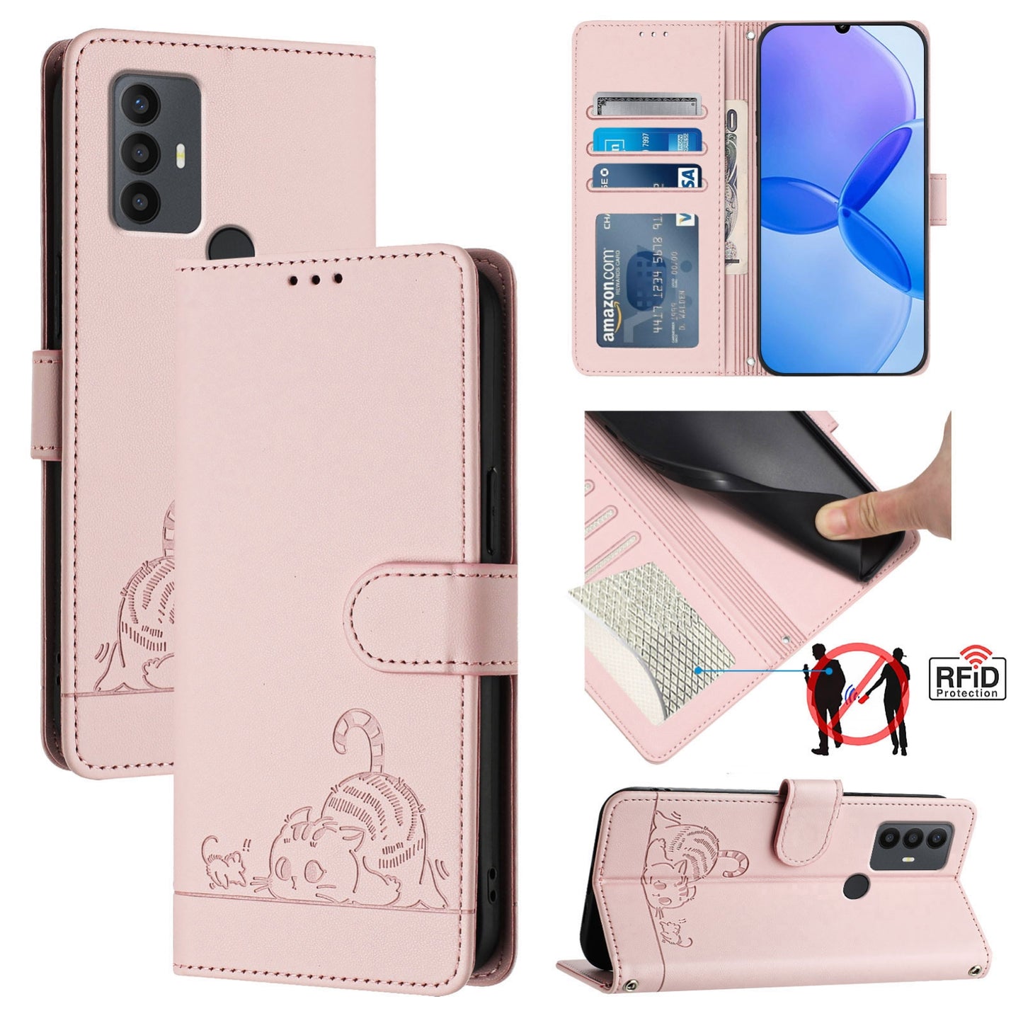 TCL 30 SE Leather Phone Case with Cat and Rat Embossed Pattern, RFID Protection, Card Holder Slots, Anti-fall Feature & Lanyard