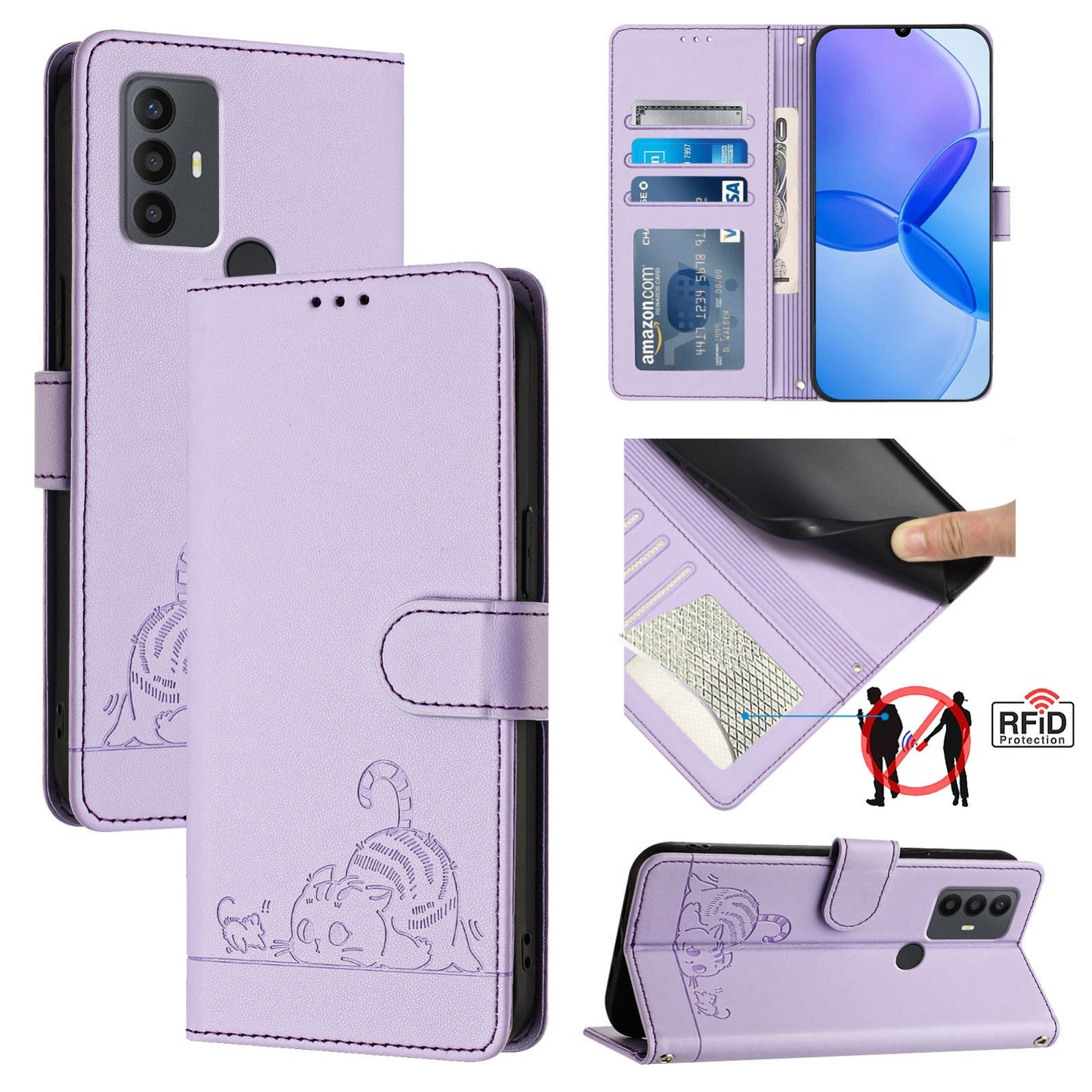 TCL 30 SE Leather Phone Case with Cat and Rat Embossed Pattern, RFID Protection, Card Holder Slots, Anti-fall Feature & Lanyard