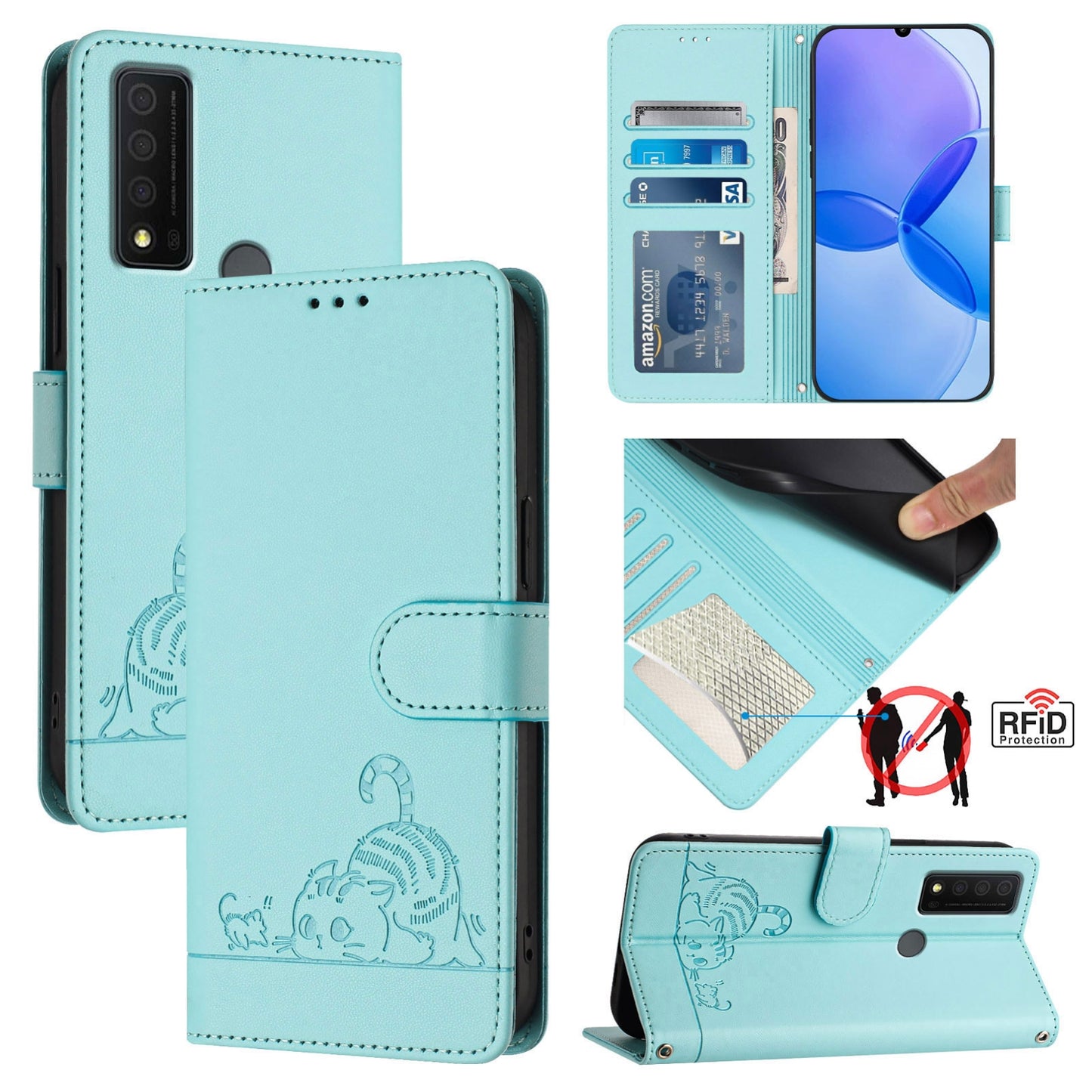 TCL 30 XE 5G Leather Phone Case with Cat and Rat Embossed Pattern, RFID Protection, Card Holder Slots, Anti-fall Feature & Lanyard