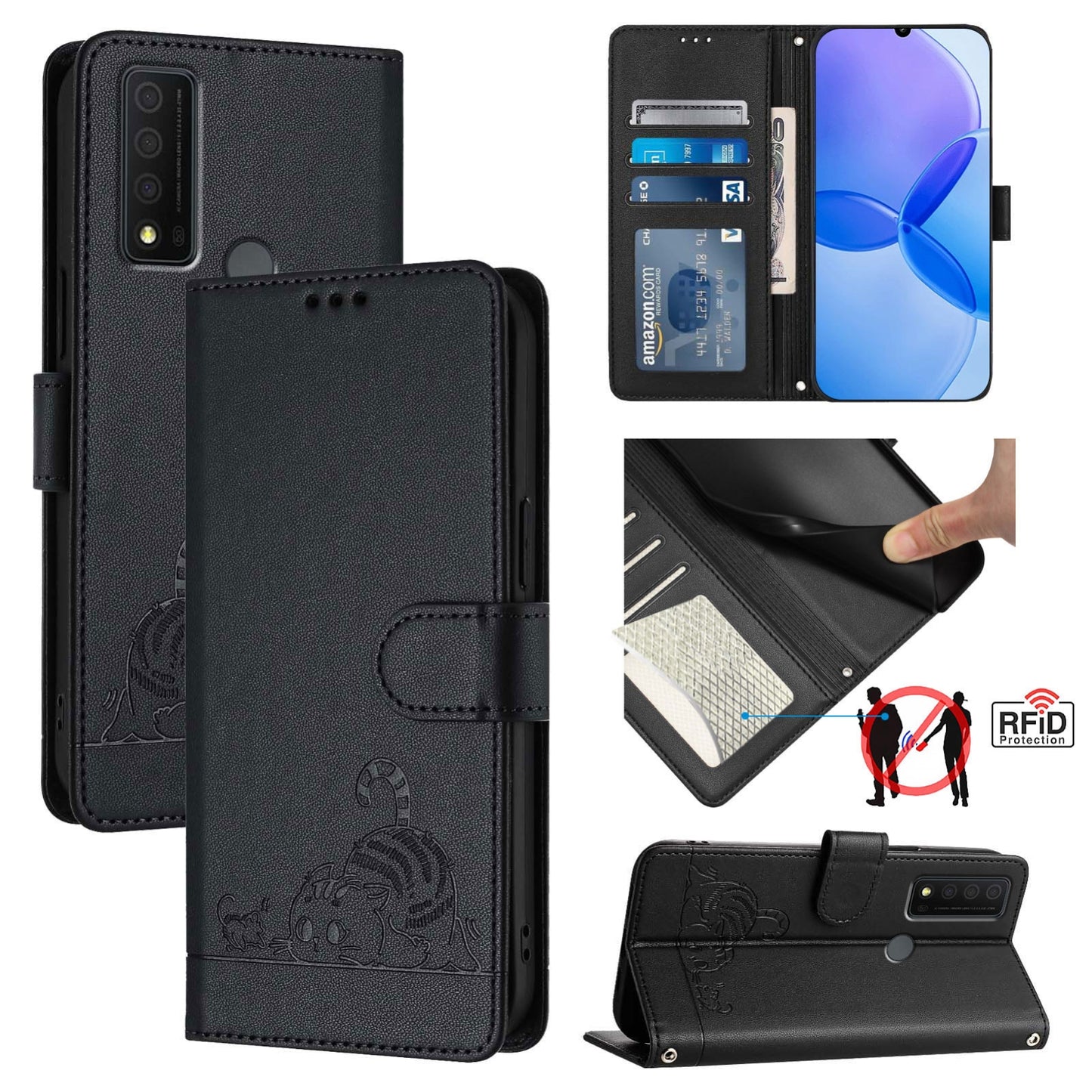 TCL 30 XE 5G Leather Phone Case with Cat and Rat Embossed Pattern, RFID Protection, Card Holder Slots, Anti-fall Feature & Lanyard