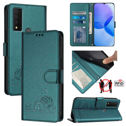TCL 30 XE 5G Leather Phone Case with Cat and Rat Embossed Pattern, RFID Protection, Card Holder Slots, Anti-fall Feature & Lanyard
