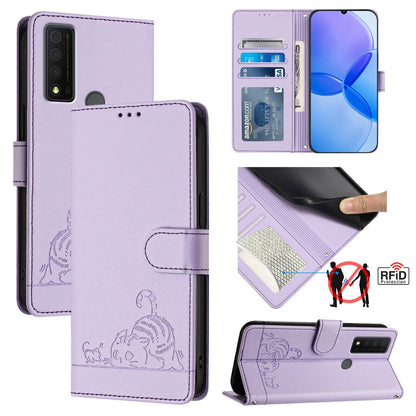 TCL 30 XE 5G Leather Phone Case with Cat and Rat Embossed Pattern, RFID Protection, Card Holder Slots, Anti-fall Feature & Lanyard