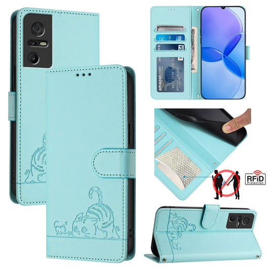 TCL 40 SE Leather Phone Case with Cat and Rat Embossed Pattern, RFID Protection, Card Holder Slots, Anti-fall Feature & Lanyard