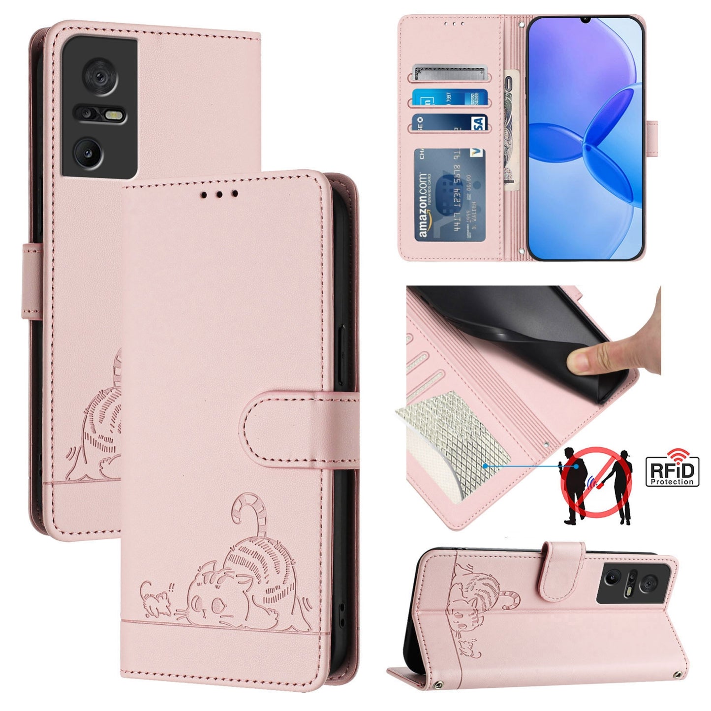 TCL 40 SE Leather Phone Case with Cat and Rat Embossed Pattern, RFID Protection, Card Holder Slots, Anti-fall Feature & Lanyard