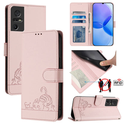TCL 40 SE Leather Phone Case with Cat and Rat Embossed Pattern, RFID Protection, Card Holder Slots, Anti-fall Feature & Lanyard