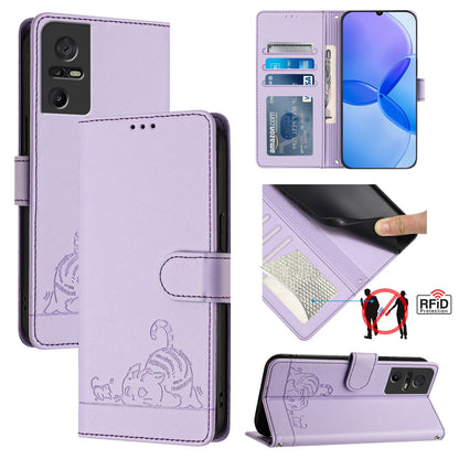 TCL 40 SE Leather Phone Case with Cat and Rat Embossed Pattern, RFID Protection, Card Holder Slots, Anti-fall Feature & Lanyard