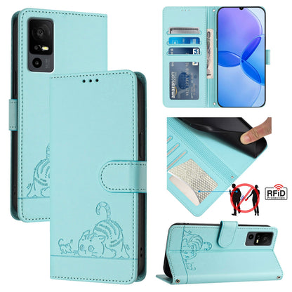 TCL 40 R Leather Phone Case with Cat and Rat Embossed Pattern, RFID Protection, Card Holder Slots, Anti-fall Feature & Lanyard