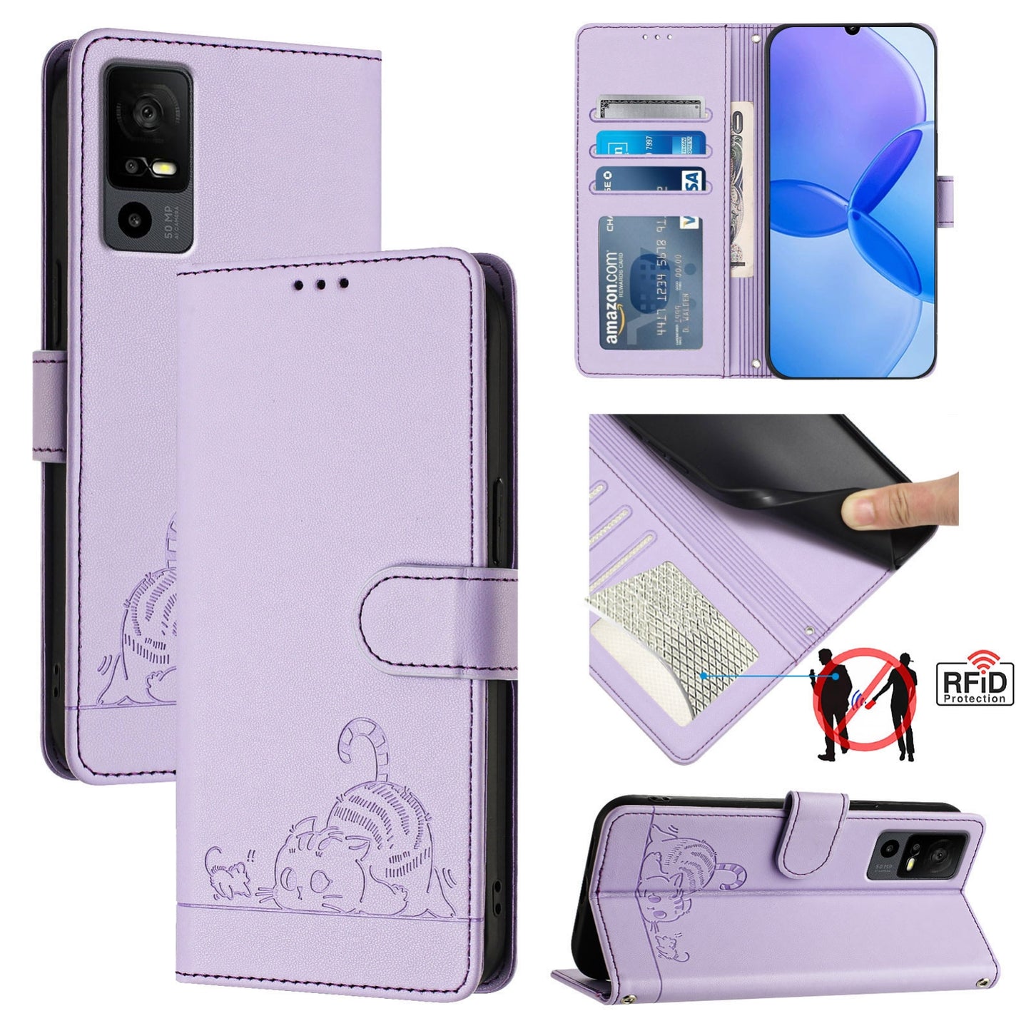 TCL 40 R Leather Phone Case with Cat and Rat Embossed Pattern, RFID Protection, Card Holder Slots, Anti-fall Feature & Lanyard