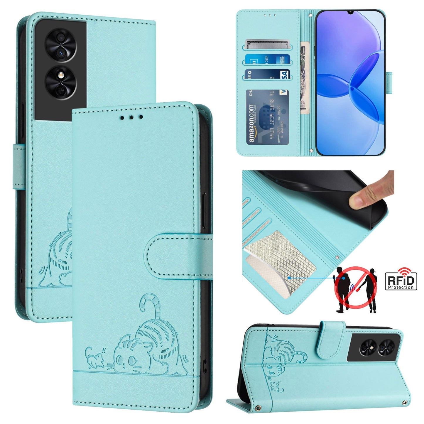 TCL 50 SE Leather Phone Case with Cat and Rat Embossed Pattern, RFID Protection, Card Holder Slots, Anti-fall Feature & Lanyard