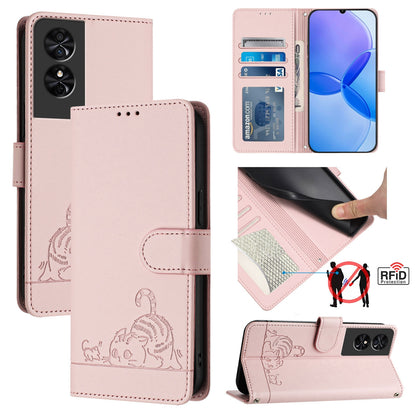 TCL 50 SE Leather Phone Case with Cat and Rat Embossed Pattern, RFID Protection, Card Holder Slots, Anti-fall Feature & Lanyard