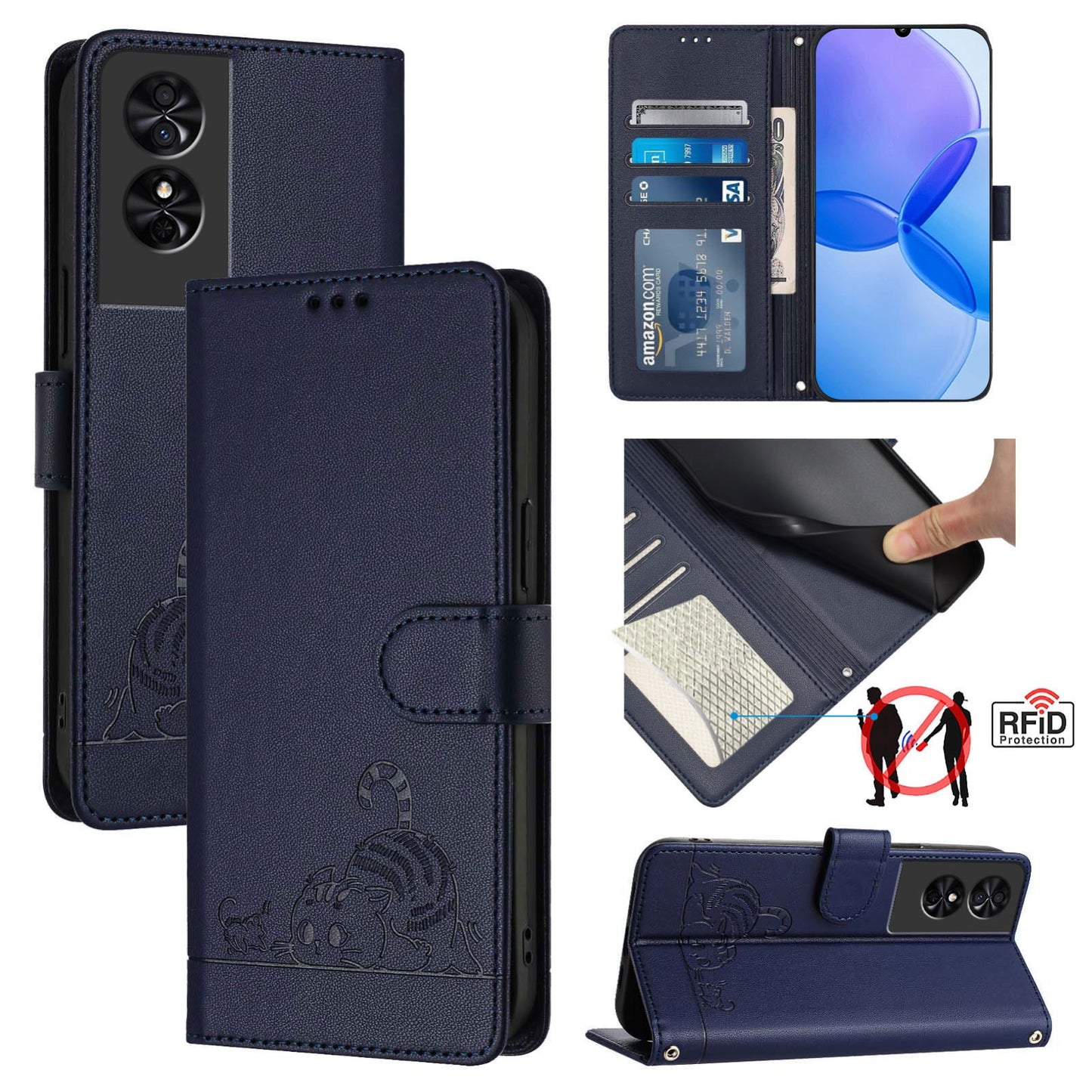 TCL 50 SE Leather Phone Case with Cat and Rat Embossed Pattern, RFID Protection, Card Holder Slots, Anti-fall Feature & Lanyard