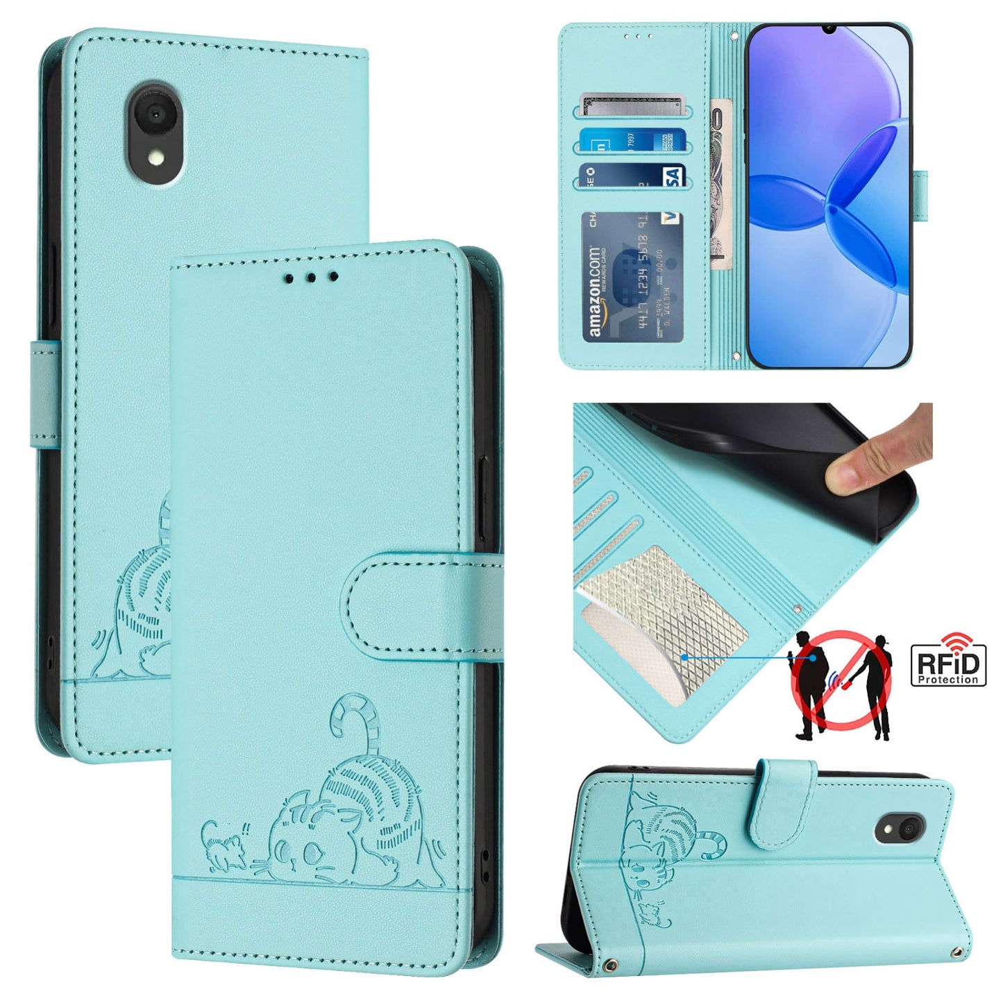 TCL 201 Leather Phone Case with Cat and Rat Embossed Pattern, RFID Protection, Card Holder Slots, Anti-fall Feature & Lanyard