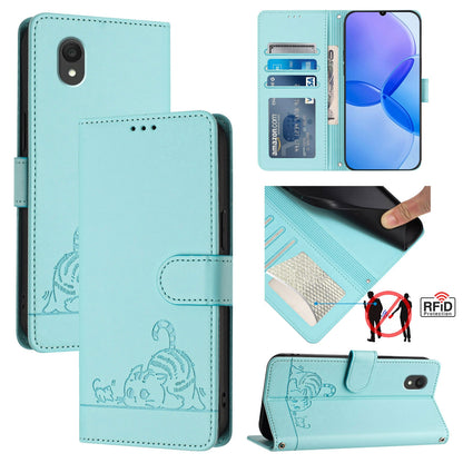 TCL 201 Leather Phone Case with Cat and Rat Embossed Pattern, RFID Protection, Card Holder Slots, Anti-fall Feature & Lanyard