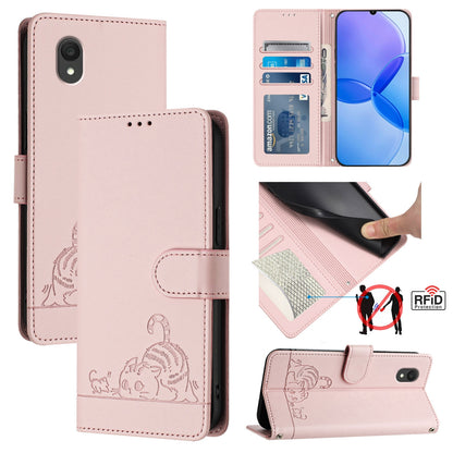 TCL 201 Leather Phone Case with Cat and Rat Embossed Pattern, RFID Protection, Card Holder Slots, Anti-fall Feature & Lanyard