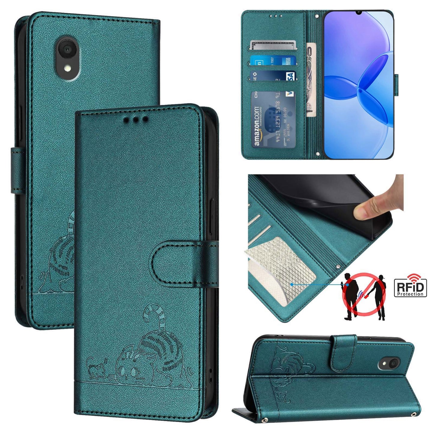 TCL 201 Leather Phone Case with Cat and Rat Embossed Pattern, RFID Protection, Card Holder Slots, Anti-fall Feature & Lanyard