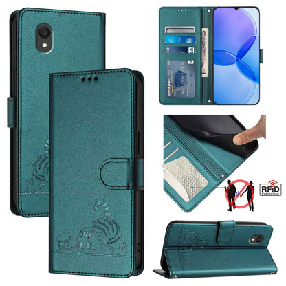 TCL 201 Leather Phone Case with Cat and Rat Embossed Pattern, RFID Protection, Card Holder Slots, Anti-fall Feature & Lanyard