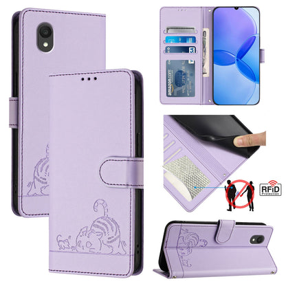 TCL 201 Leather Phone Case with Cat and Rat Embossed Pattern, RFID Protection, Card Holder Slots, Anti-fall Feature & Lanyard