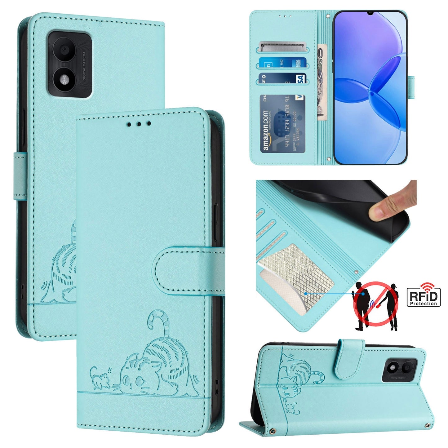 TCL 303 Leather Phone Case with Cat and Rat Embossed Pattern, RFID Protection, Card Holder Slots, Anti-fall Feature & Lanyard