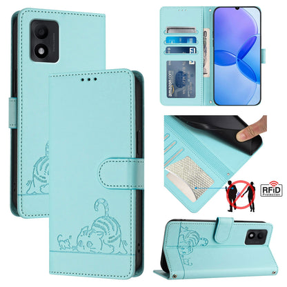 TCL 303 Leather Phone Case with Cat and Rat Embossed Pattern, RFID Protection, Card Holder Slots, Anti-fall Feature & Lanyard