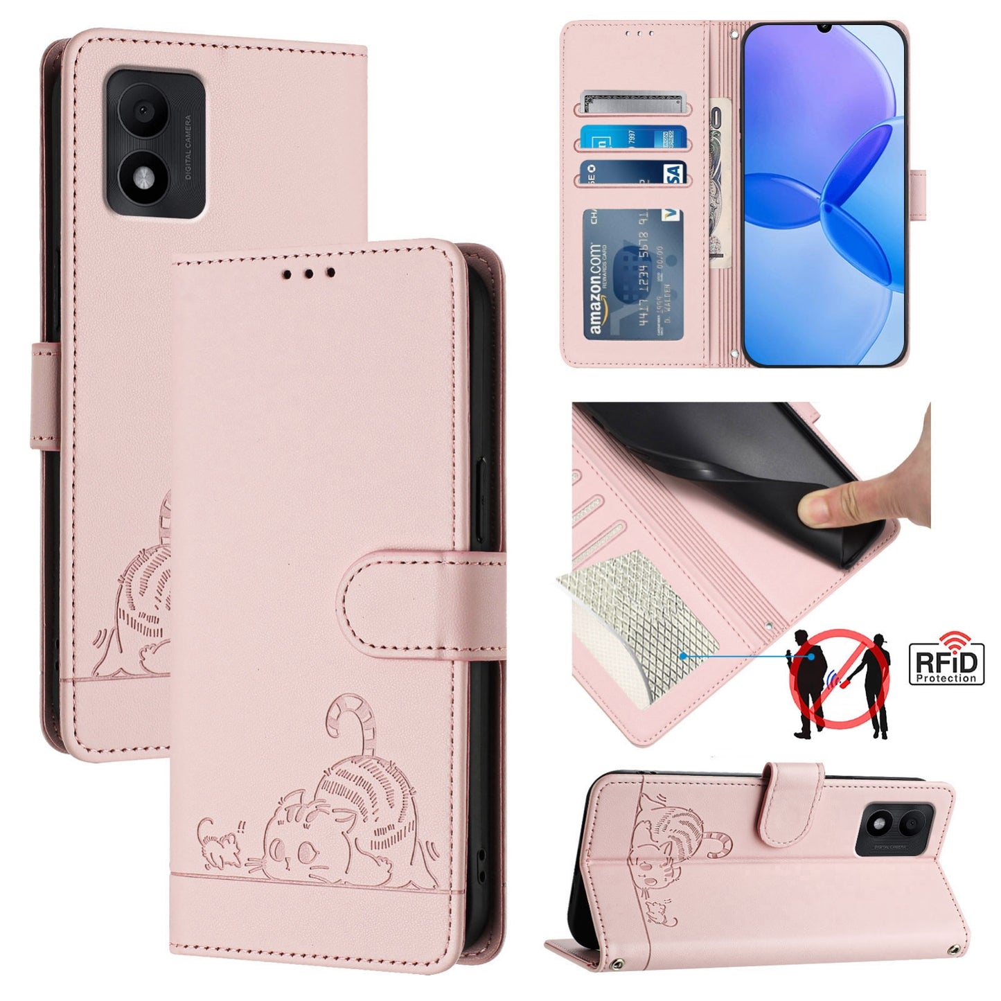 TCL 303 Leather Phone Case with Cat and Rat Embossed Pattern, RFID Protection, Card Holder Slots, Anti-fall Feature & Lanyard