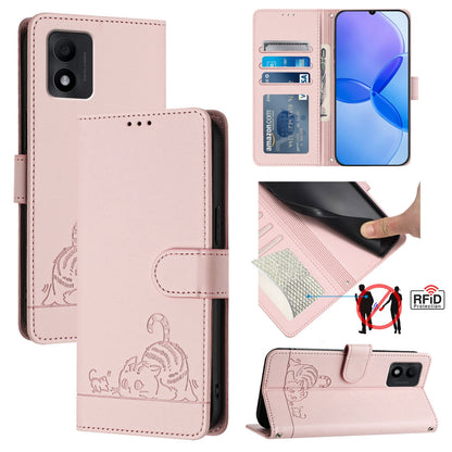 TCL 303 Leather Phone Case with Cat and Rat Embossed Pattern, RFID Protection, Card Holder Slots, Anti-fall Feature & Lanyard