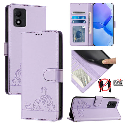 TCL 303 Leather Phone Case with Cat and Rat Embossed Pattern, RFID Protection, Card Holder Slots, Anti-fall Feature & Lanyard