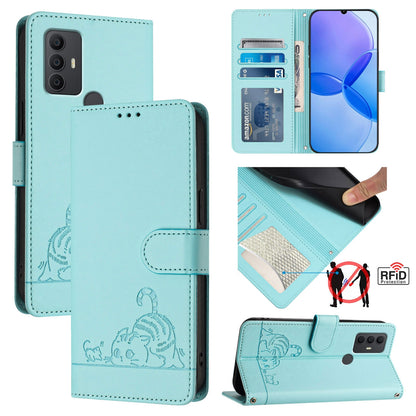 TCL 305 Leather Phone Case with Cat and Rat Embossed Pattern, RFID Protection, Card Holder Slots, Anti-fall Feature & Lanyard