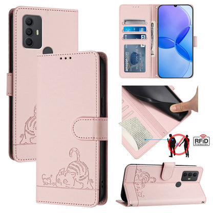 TCL 306 Leather Phone Case with Cat and Rat Embossed Pattern, RFID Protection, Card Holder Slots, Anti-fall Feature & Lanyard