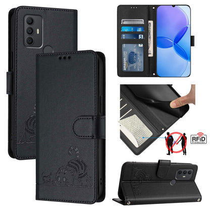 TCL 305 Leather Phone Case with Cat and Rat Embossed Pattern, RFID Protection, Card Holder Slots, Anti-fall Feature & Lanyard