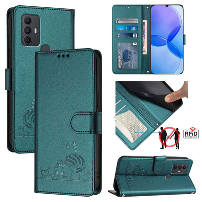 TCL 305 Leather Phone Case with Cat and Rat Embossed Pattern, RFID Protection, Card Holder Slots, Anti-fall Feature & Lanyard