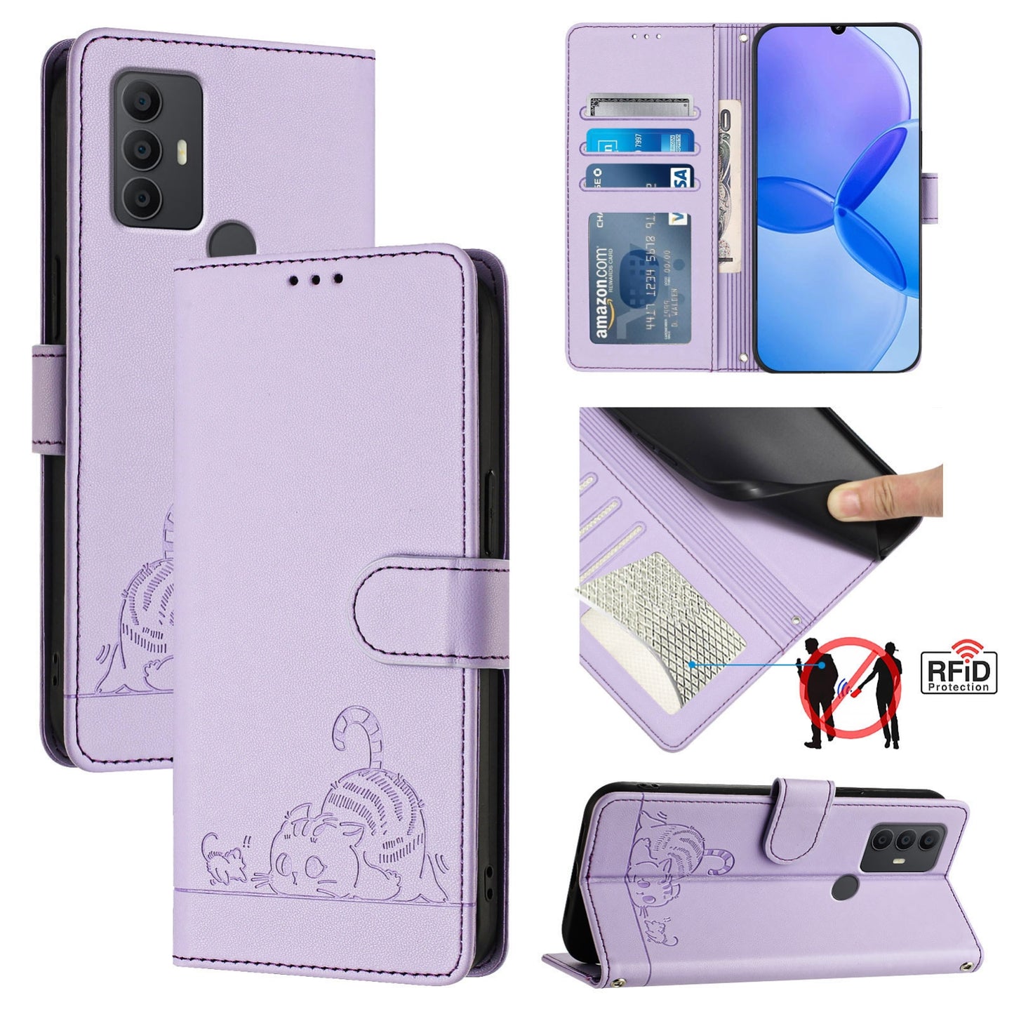 TCL 305 Leather Phone Case with Cat and Rat Embossed Pattern, RFID Protection, Card Holder Slots, Anti-fall Feature & Lanyard