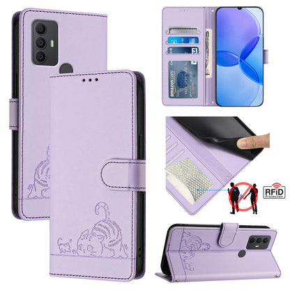 TCL 306 Leather Phone Case with Cat and Rat Embossed Pattern, RFID Protection, Card Holder Slots, Anti-fall Feature & Lanyard
