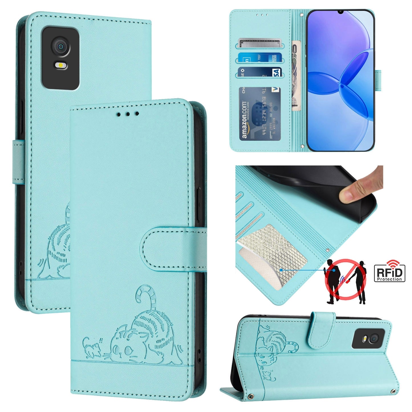 TCL 403 Leather Phone Case with Cat and Rat Embossed Pattern, RFID Protection, Card Holder Slots, Anti-fall Feature & Lanyard