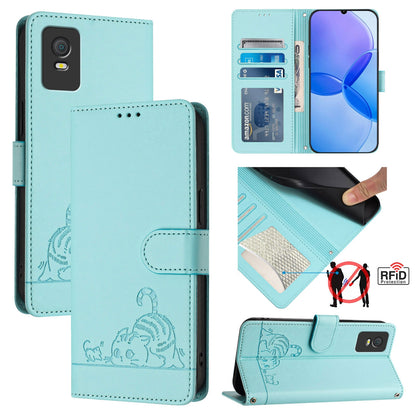TCL 403 Leather Phone Case with Cat and Rat Embossed Pattern, RFID Protection, Card Holder Slots, Anti-fall Feature & Lanyard