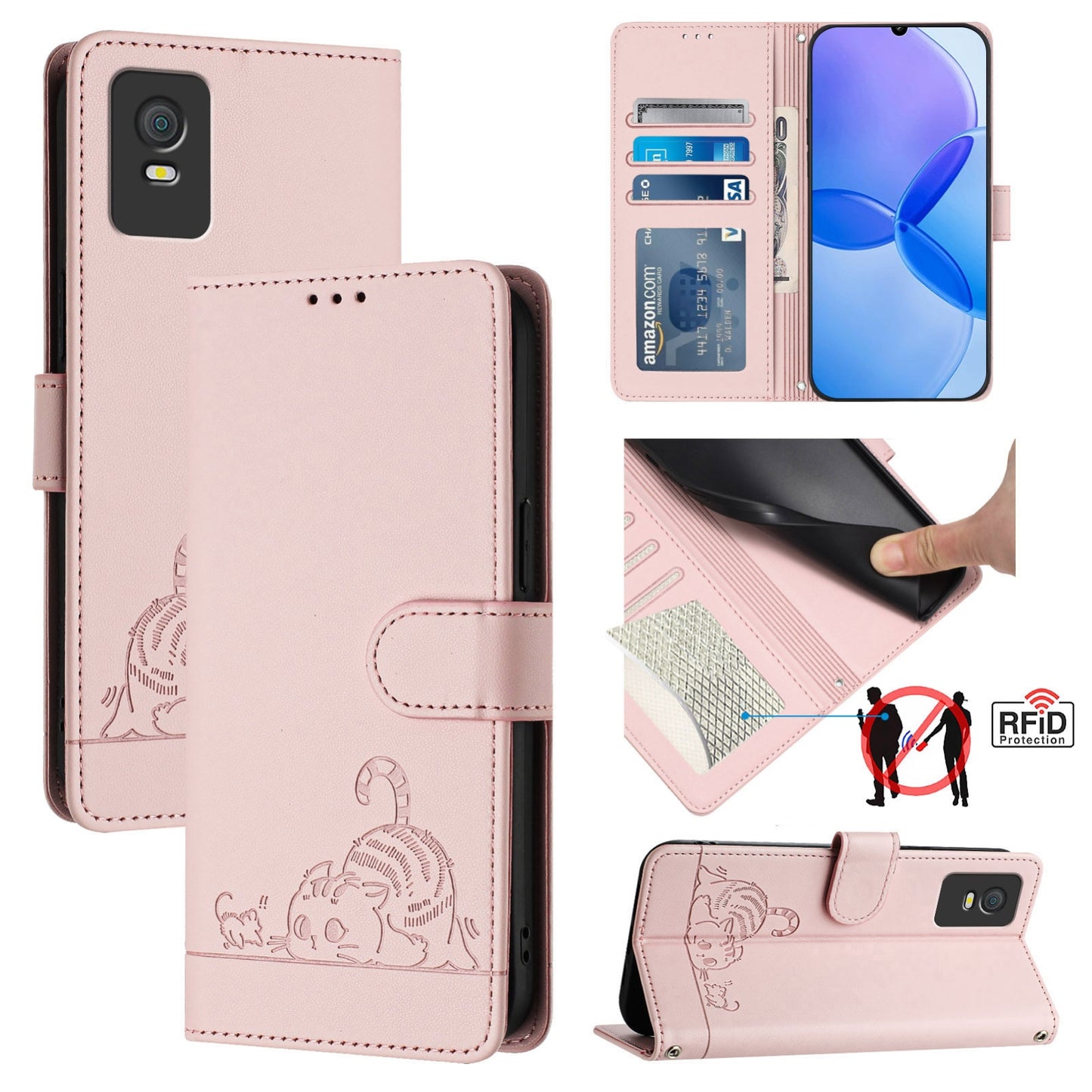 TCL 403 Leather Phone Case with Cat and Rat Embossed Pattern, RFID Protection, Card Holder Slots, Anti-fall Feature & Lanyard