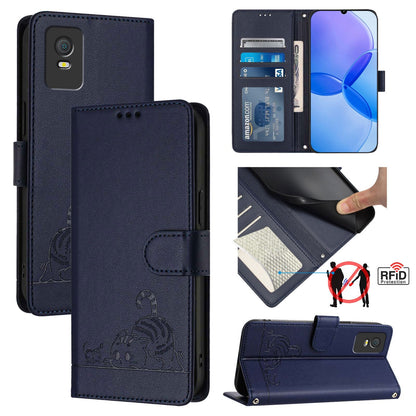 TCL 403 Leather Phone Case with Cat and Rat Embossed Pattern, RFID Protection, Card Holder Slots, Anti-fall Feature & Lanyard