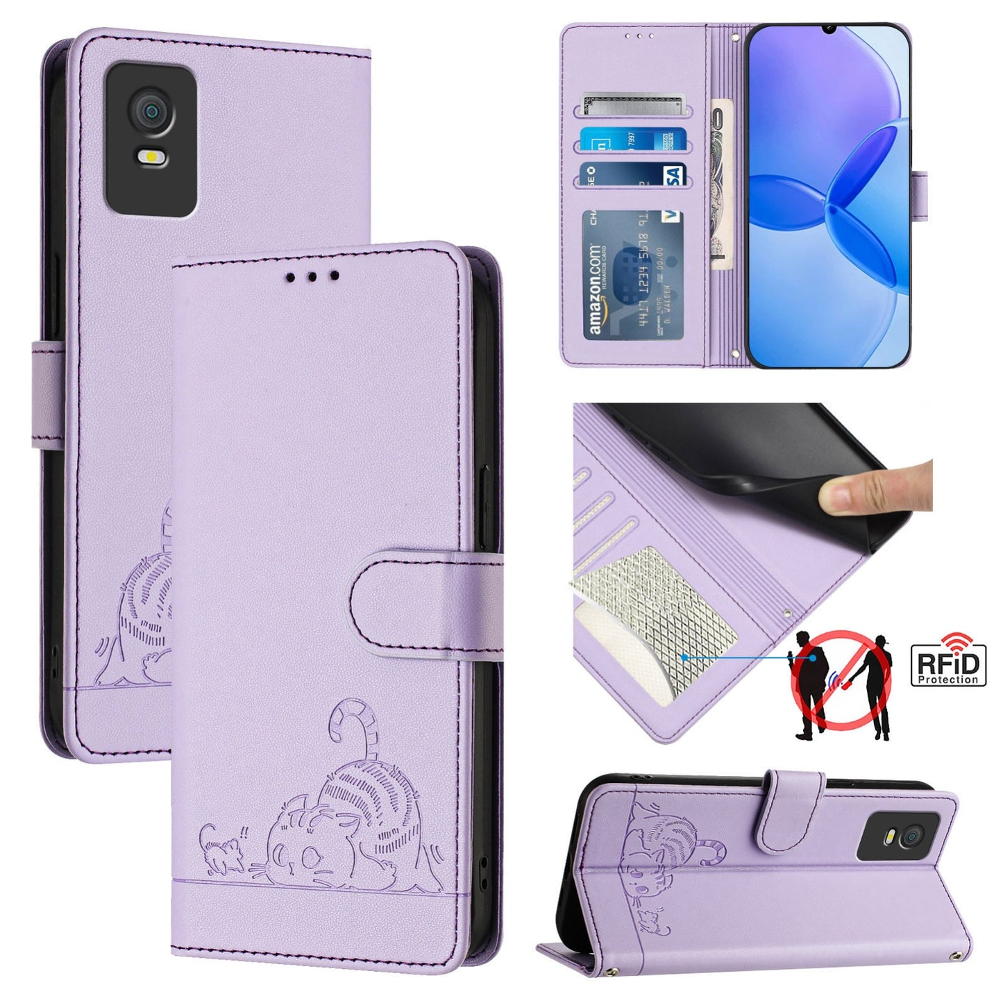 TCL 403 Leather Phone Case with Cat and Rat Embossed Pattern, RFID Protection, Card Holder Slots, Anti-fall Feature & Lanyard