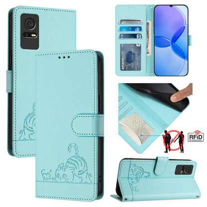 TCL 405 Leather Phone Case with Cat and Rat Embossed Pattern, RFID Protection, Card Holder Slots, Anti-fall Feature & Lanyard