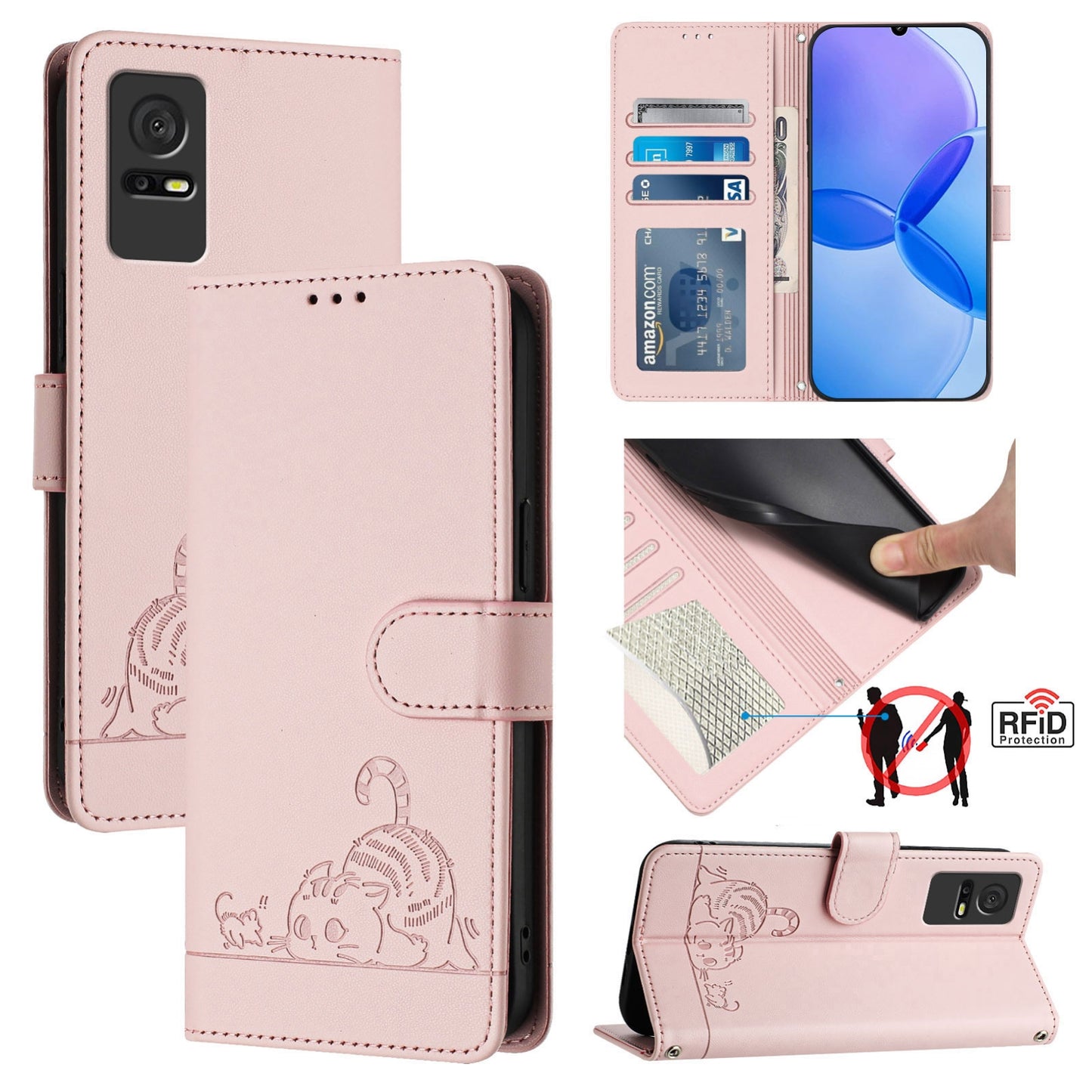 TCL 405 Leather Phone Case with Cat and Rat Embossed Pattern, RFID Protection, Card Holder Slots, Anti-fall Feature & Lanyard