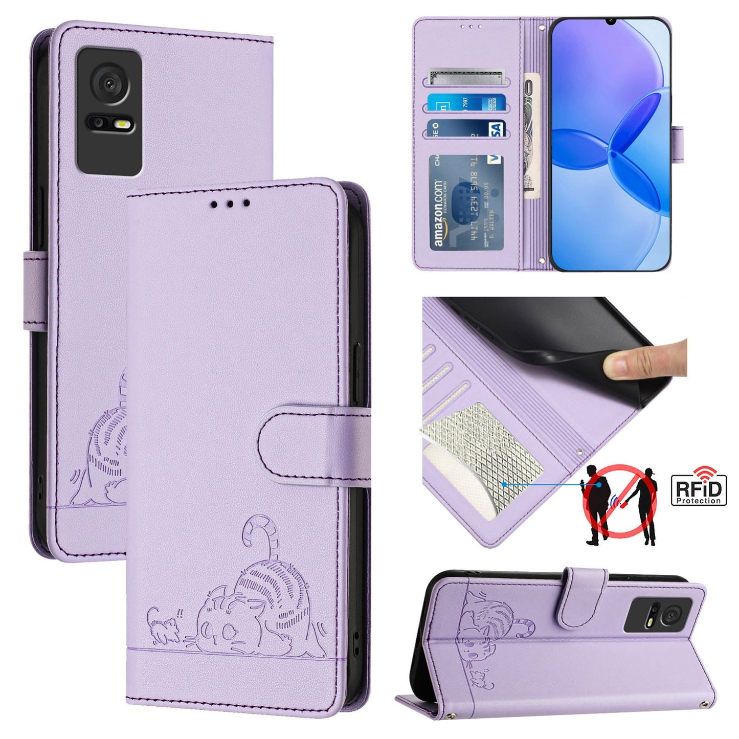 TCL 405 Leather Phone Case with Cat and Rat Embossed Pattern, RFID Protection, Card Holder Slots, Anti-fall Feature & Lanyard