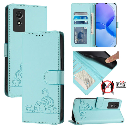 TCL 501 Leather Phone Case with Cat and Rat Embossed Pattern, RFID Protection, Card Holder Slots, Anti-fall Feature & Lanyard