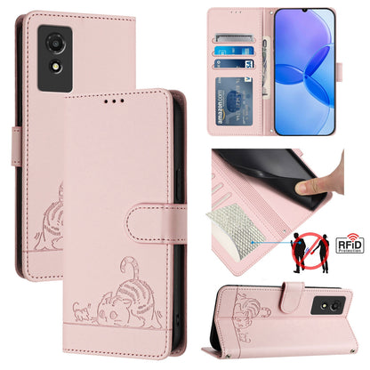 TCL 501 Leather Phone Case with Cat and Rat Embossed Pattern, RFID Protection, Card Holder Slots, Anti-fall Feature & Lanyard
