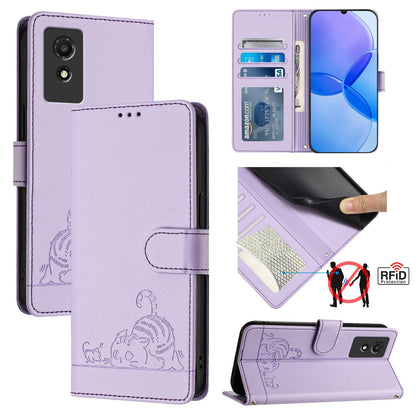 TCL 501 Leather Phone Case with Cat and Rat Embossed Pattern, RFID Protection, Card Holder Slots, Anti-fall Feature & Lanyard
