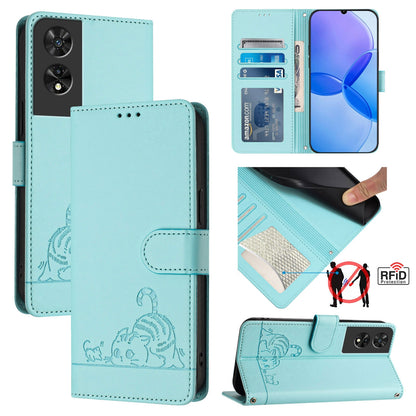 TCL 505 Leather Phone Case with Cat and Rat Embossed Pattern, RFID Protection, Card Holder Slots, Anti-fall Feature & Lanyard