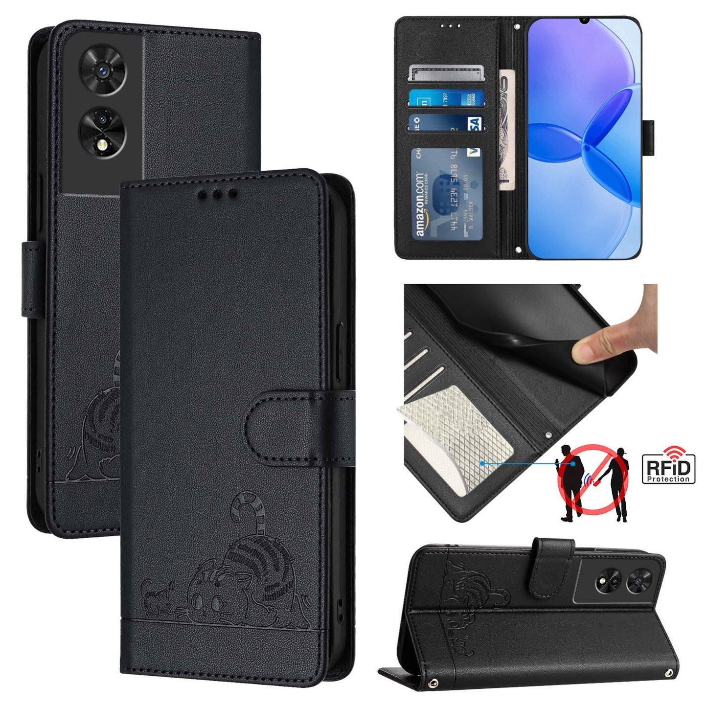 TCL 505 Leather Phone Case with Cat and Rat Embossed Pattern, RFID Protection, Card Holder Slots, Anti-fall Feature & Lanyard