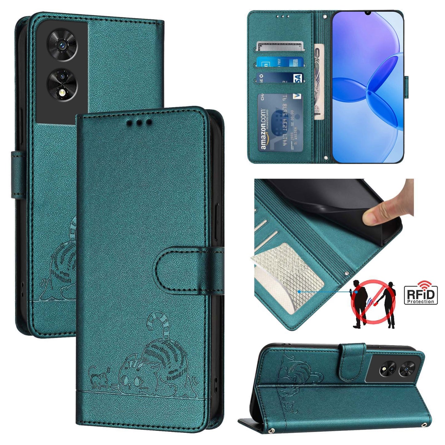 TCL 505 Leather Phone Case with Cat and Rat Embossed Pattern, RFID Protection, Card Holder Slots, Anti-fall Feature & Lanyard