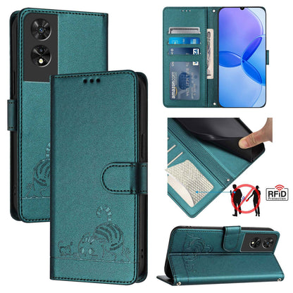 TCL 505 Leather Phone Case with Cat and Rat Embossed Pattern, RFID Protection, Card Holder Slots, Anti-fall Feature & Lanyard