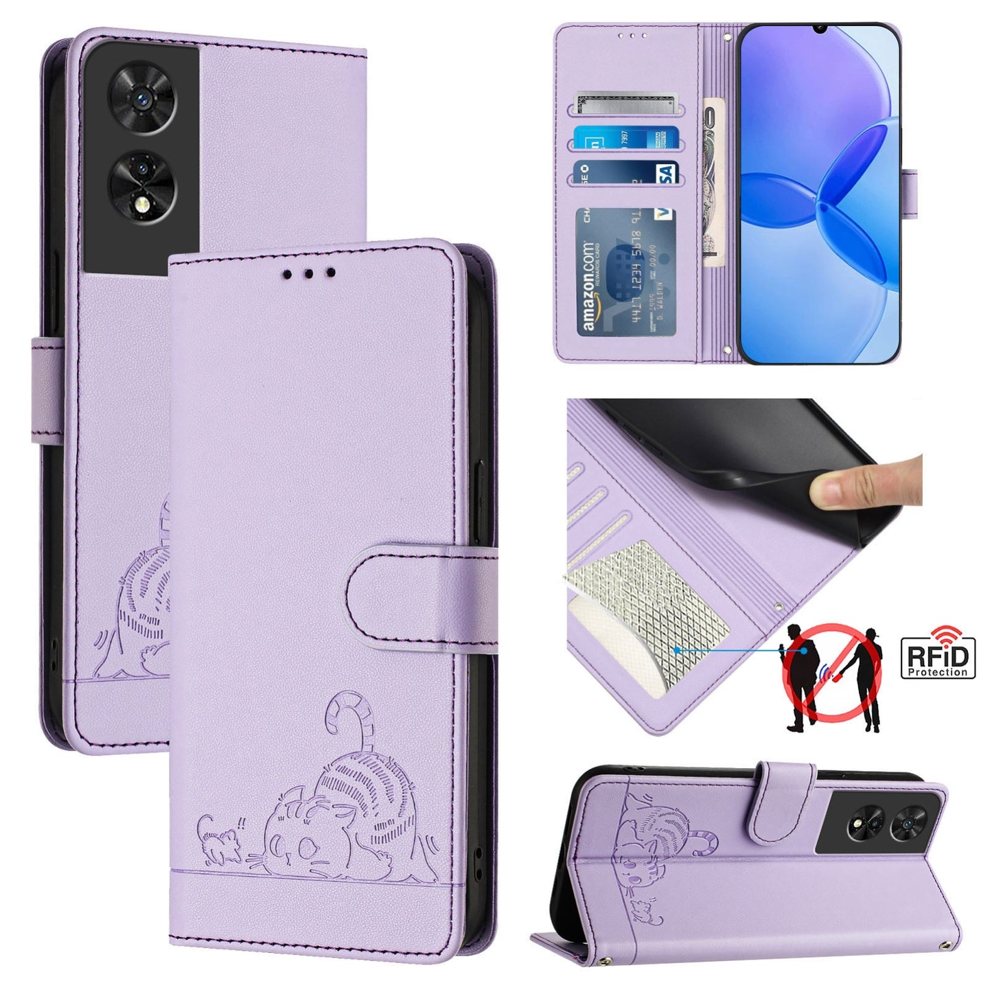 TCL 505 Leather Phone Case with Cat and Rat Embossed Pattern, RFID Protection, Card Holder Slots, Anti-fall Feature & Lanyard