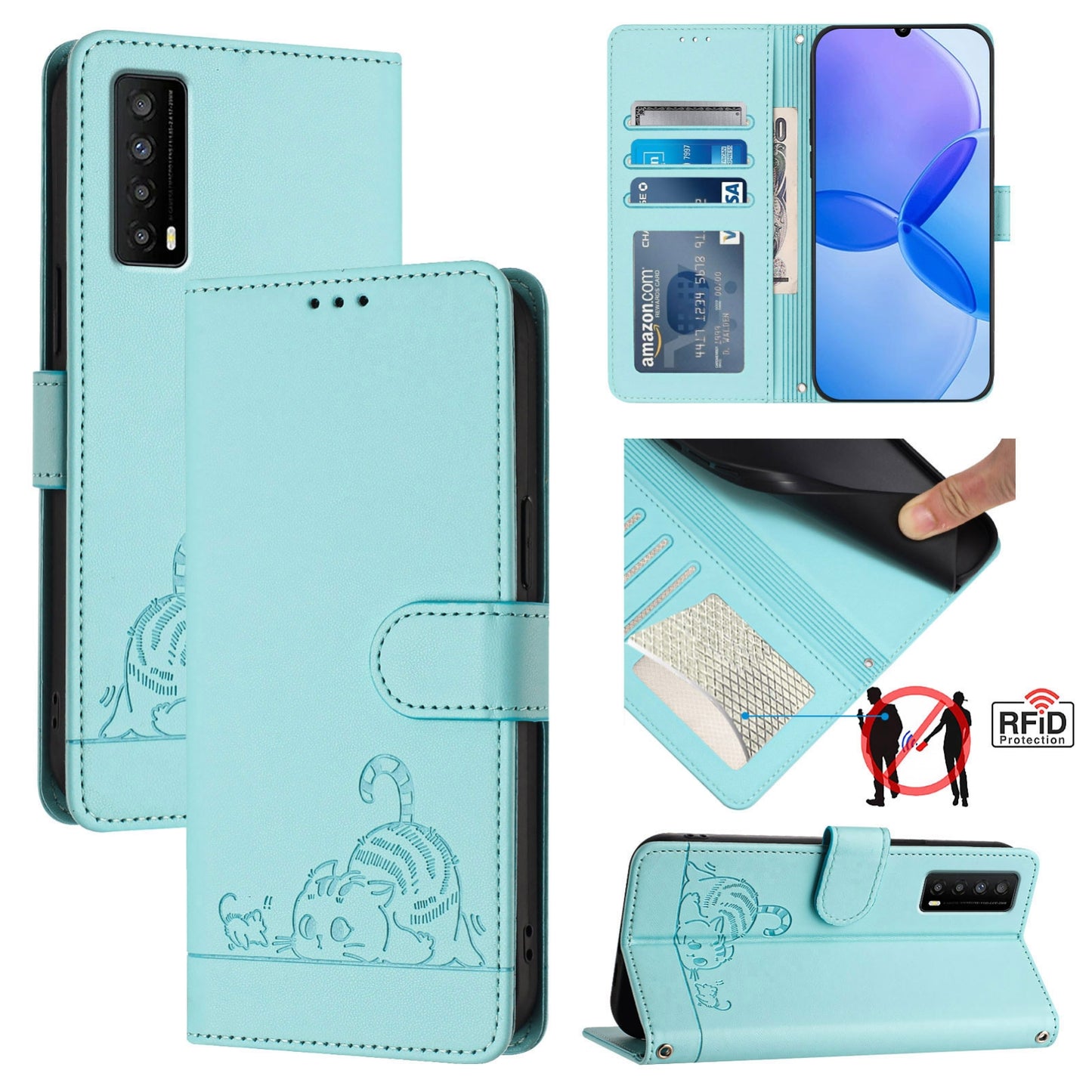TCL Stylus 5G Leather Phone Case with Cat and Rat Embossed Pattern, RFID Protection, Card Holder Slots, Anti-fall Feature & Lanyard